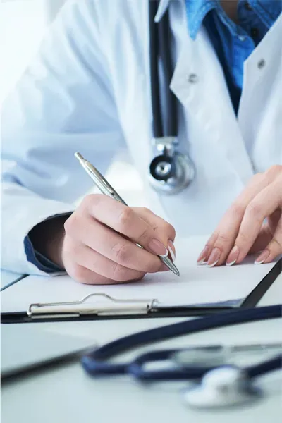 Advanced-Diagnostic-Testing-Treatment Close up of a doctor in a white coat writing on a notepad. Receive advanced diagnostic and DNA testing from AZENA Health & Longevity in Gainesville.