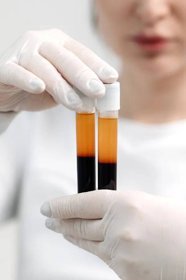 Blood-Disorders-Treatment A clinician holds up two vials of blood samples. Get treatment for blood disorders from AZENA Health & Longevity in Gainesville.