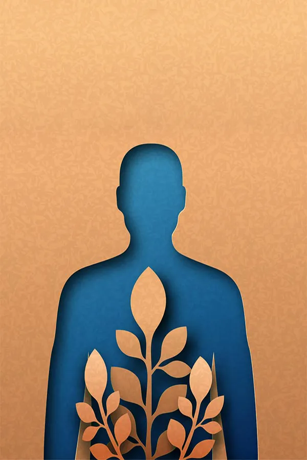 Concierge-Medicine-Treatment Cut paper illustration of healthy leaves growing inside a human silhouette, signifying naturopathic health. Get concierge medicine services from AZENA Health & Longevity in Gainesville.
