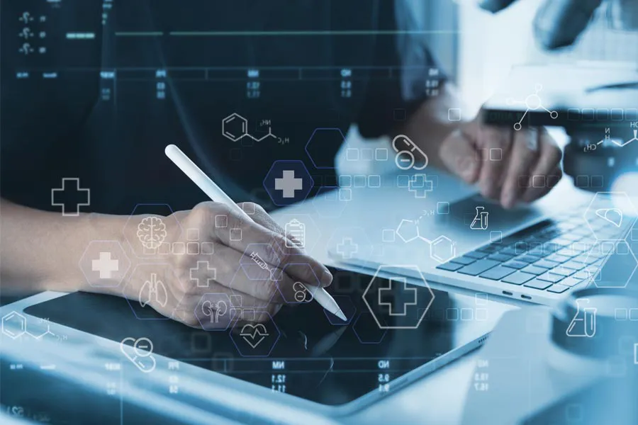 Health-Conditions-Treated-Doctor Close-up of a medical professional using a laptop and tablet, with illustrated medical symbols overlayed on the image, symbolizing health conditions treated by AZENA Health & Longevity in Gainesville.
