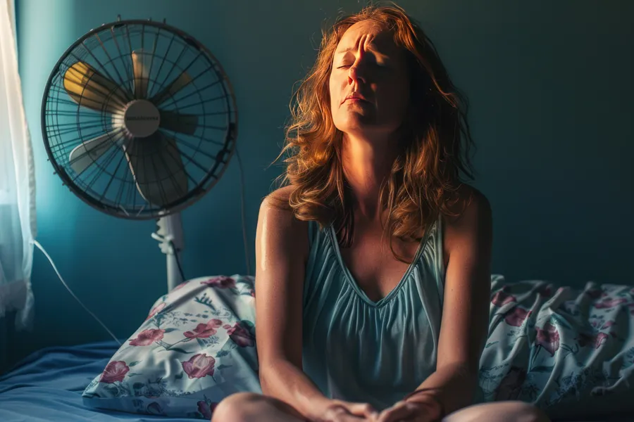 Hot-Flashes-and-Night-Sweats-Clinic A middle-aged red-haired woman sits in bed sweating with a fan behind her, unable to sleep. Get treatment for hot flashes and night sweats from AZENA Health & Longevity in Gainesville.